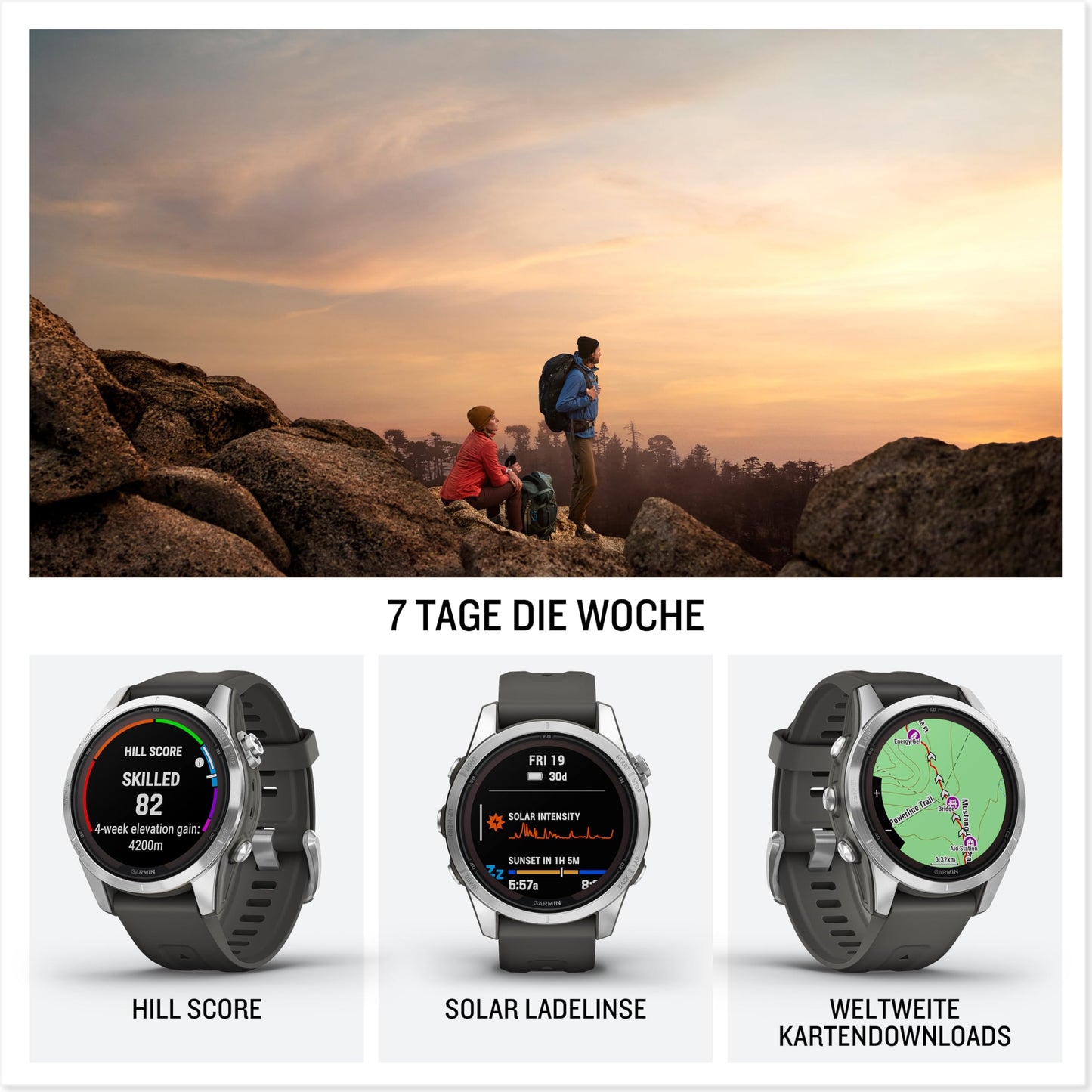 Garmin fēnix 7S Pro – GPS-Multisport-Smartwatch mit Solarladelinse, Farbdisplay und Touch-/Tastenbedienung, TOPO-Karten, über 60 vorinstallierte Sport-Apps