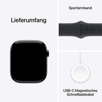 Apple Watch Series 10 (GPS + Cellular 46 mm) Smartwatch mit Aluminiumgehäuse in Diamantschwarz und Sportarmband in Schwarz (S/M). Fitnesstracker