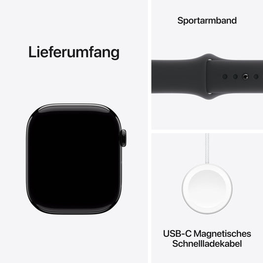 Apple Watch Series 10 (GPS + Cellular 46 mm) Smartwatch mit Aluminiumgehäuse in Diamantschwarz und Sportarmband in Schwarz (S/M). Fitnesstracker