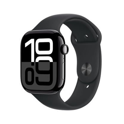 Apple Watch Series 10 (GPS + Cellular 46 mm) Smartwatch mit Aluminiumgehäuse in Diamantschwarz und Sportarmband in Schwarz (S/M). Fitnesstracker