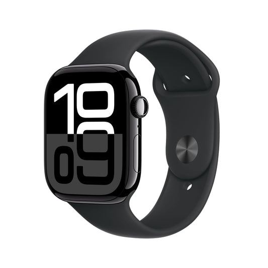 Apple Watch Series 10 (GPS + Cellular 46 mm) Smartwatch mit Aluminiumgehäuse in Diamantschwarz und Sportarmband in Schwarz (M/L) (Generalüberholt)
