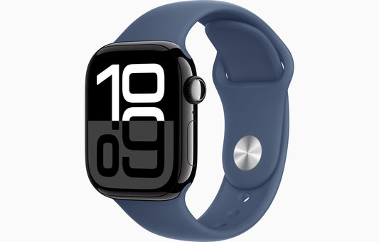 Apple Watch Series 10 [GPS, 46mm] - Aluminiumgehäuse Diamantschwarz mit Sportarmband Denim, S/M (Generalüberholt)