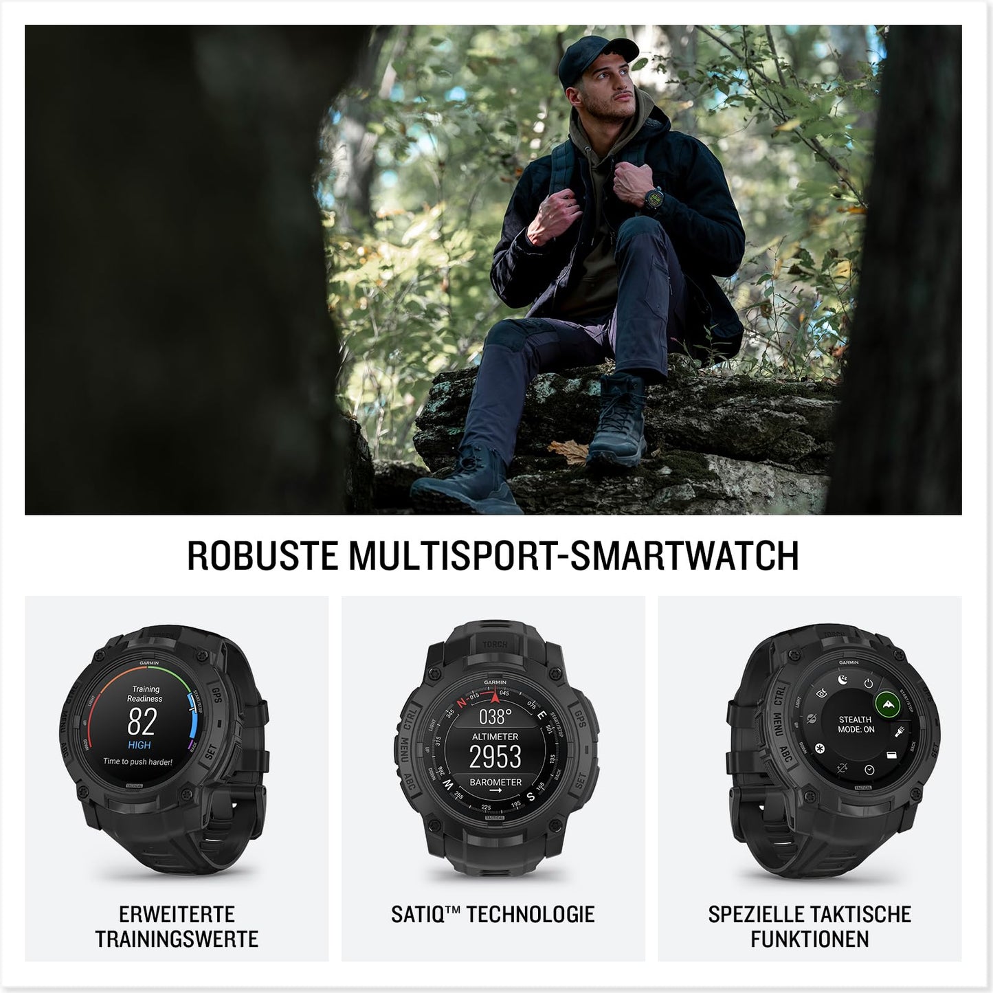 Garmin Instinct 3 Tactical 50mm AMOLED – GPS-Multisport-Smartwatch, 1,3" AMOLED-Display, bis zu 24 Tage Akkulaufzeit, 80+ Sport-Apps, Taktische Funktionen, Multi-Satellitenempfang, LED-Taschenlampe