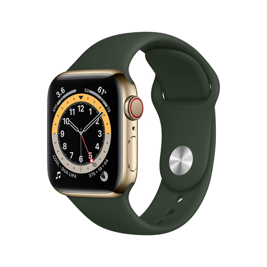 Apple Watch Series 6 (GPS + Cellular, 40 mm) Edelstahlgehäuse Gold, Sportarmband Zyperngrün