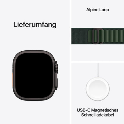 Apple Watch Ultra 2 (GPS + Cellular 49 mm) Smartwatch, Sportuhr mit Titangehäuse in Schwarz und Alpine Loop in Dunkelgrün (Large). Fitnesstracker