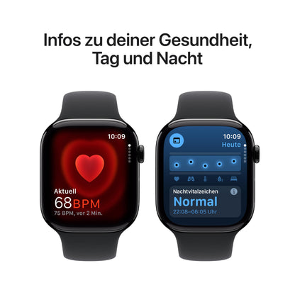 Apple Watch Series 10 (GPS + Cellular 46 mm) Smartwatch mit Aluminiumgehäuse in Diamantschwarz und Sportarmband in Schwarz (S/M). Fitnesstracker