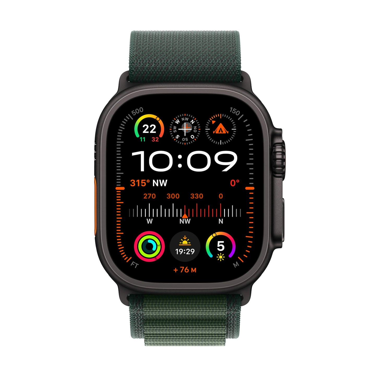 Apple Watch Ultra 2 (GPS + Cellular 49 mm) Smartwatch, Sportuhr mit Titangehäuse in Schwarz und Alpine Loop in Dunkelgrün (Large). Fitnesstracker