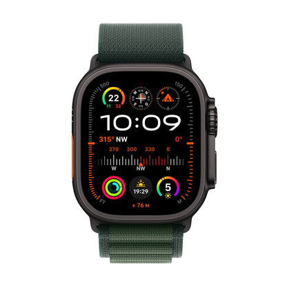 Apple Watch Ultra 2 (GPS + Cellular 49 mm) Smartwatch, Sportuhr mit Titangehäuse in Schwarz und Alpine Loop in Dunkelgrün (Large). Fitnesstracker