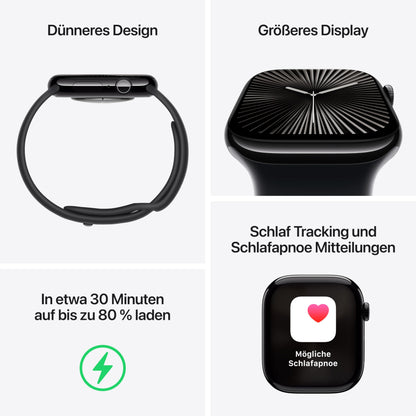 Apple Watch Series 10 (GPS + Cellular 46 mm) Smartwatch mit Aluminiumgehäuse in Diamantschwarz und Sportarmband in Schwarz (S/M). Fitnesstracker