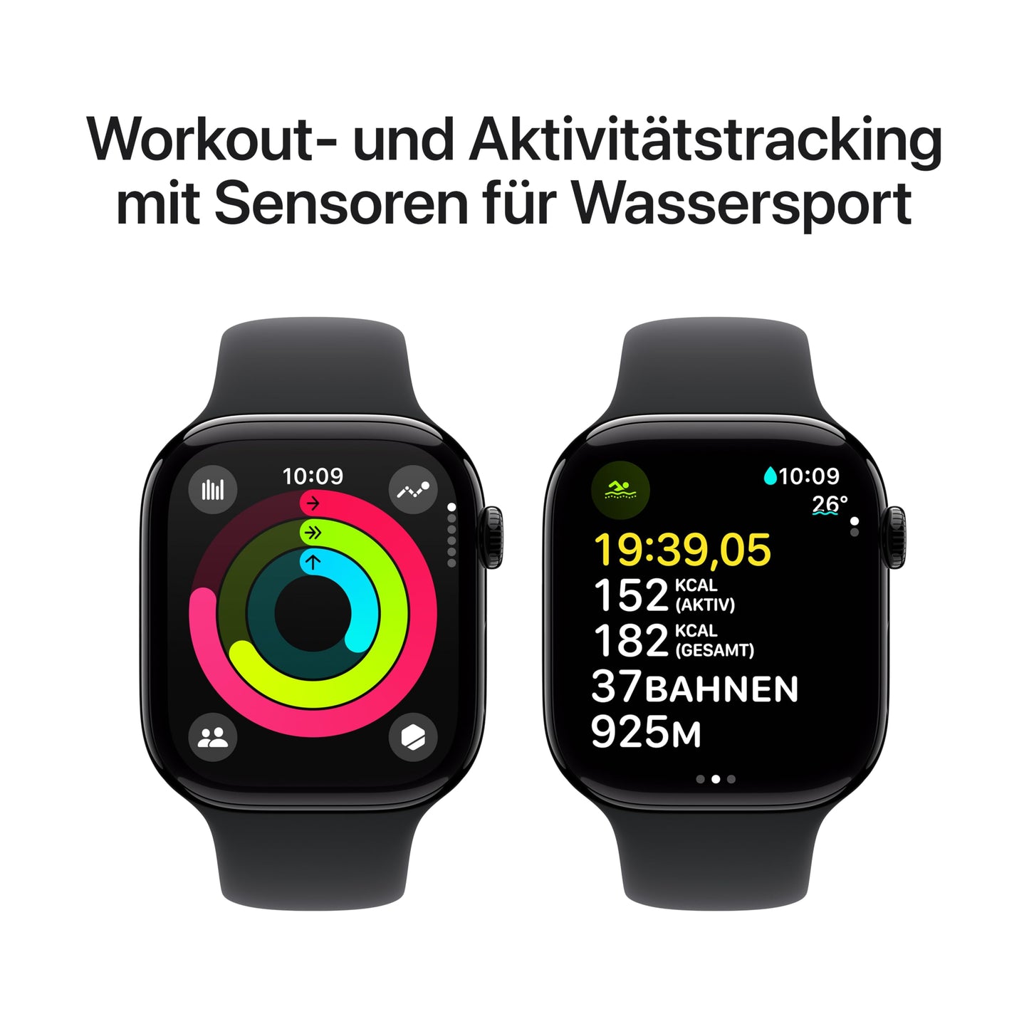 Apple Watch Series 10 (GPS + Cellular 46 mm) Smartwatch mit Aluminiumgehäuse in Diamantschwarz und Sportarmband in Schwarz (S/M). Fitnesstracker