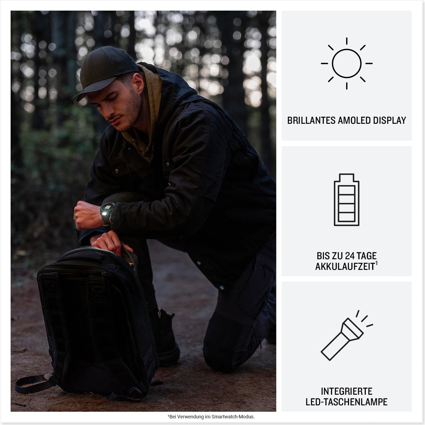 Garmin Instinct 3 Tactical 50mm AMOLED – GPS-Multisport-Smartwatch, 1,3" AMOLED-Display, bis zu 24 Tage Akkulaufzeit, 80+ Sport-Apps, Taktische Funktionen, Multi-Satellitenempfang, LED-Taschenlampe