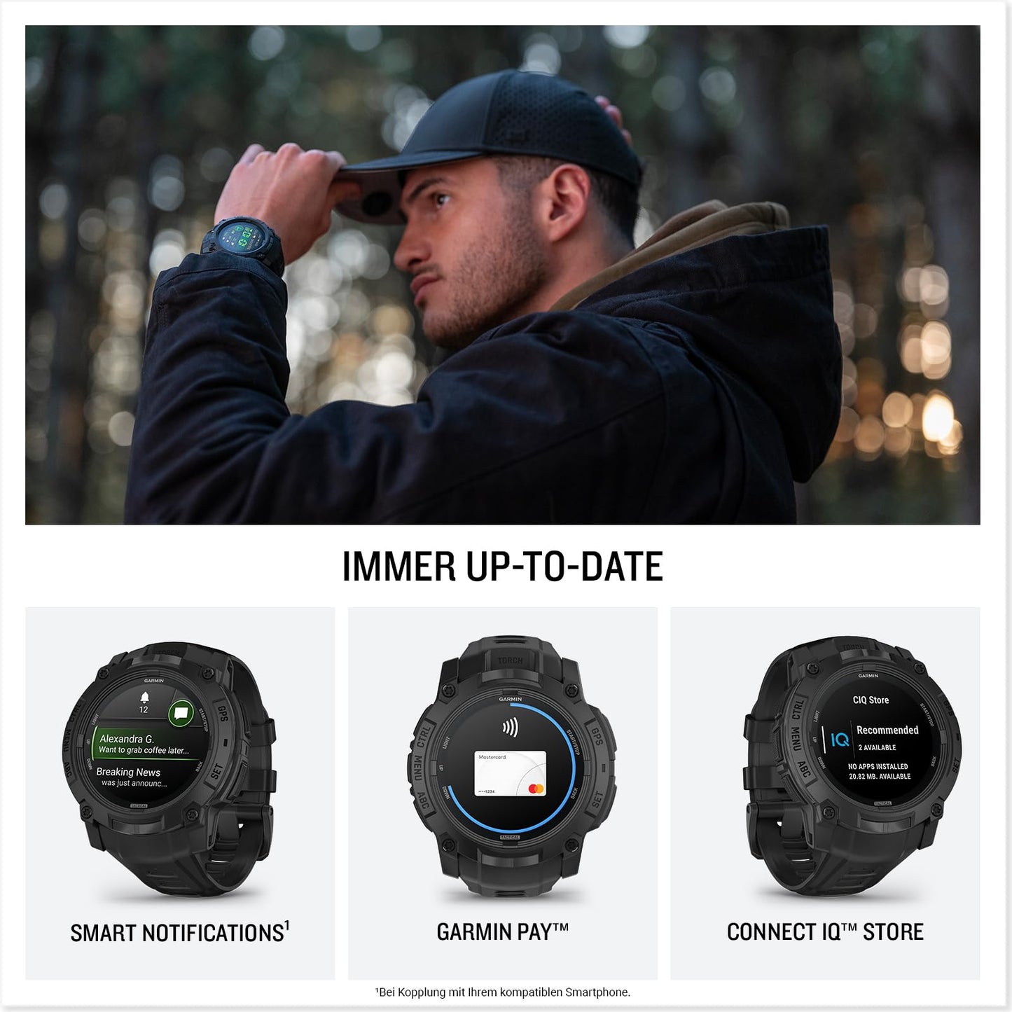 Garmin Instinct 3 Tactical 50mm AMOLED – GPS-Multisport-Smartwatch, 1,3" AMOLED-Display, bis zu 24 Tage Akkulaufzeit, 80+ Sport-Apps, Taktische Funktionen, Multi-Satellitenempfang, LED-Taschenlampe