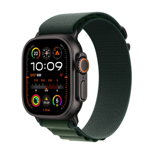 Apple Watch Ultra 2 (GPS + Cellular 49 mm) Smartwatch, Sportuhr mit Titangehäuse in Schwarz und Alpine Loop in Dunkelgrün (Large). Fitnesstracker